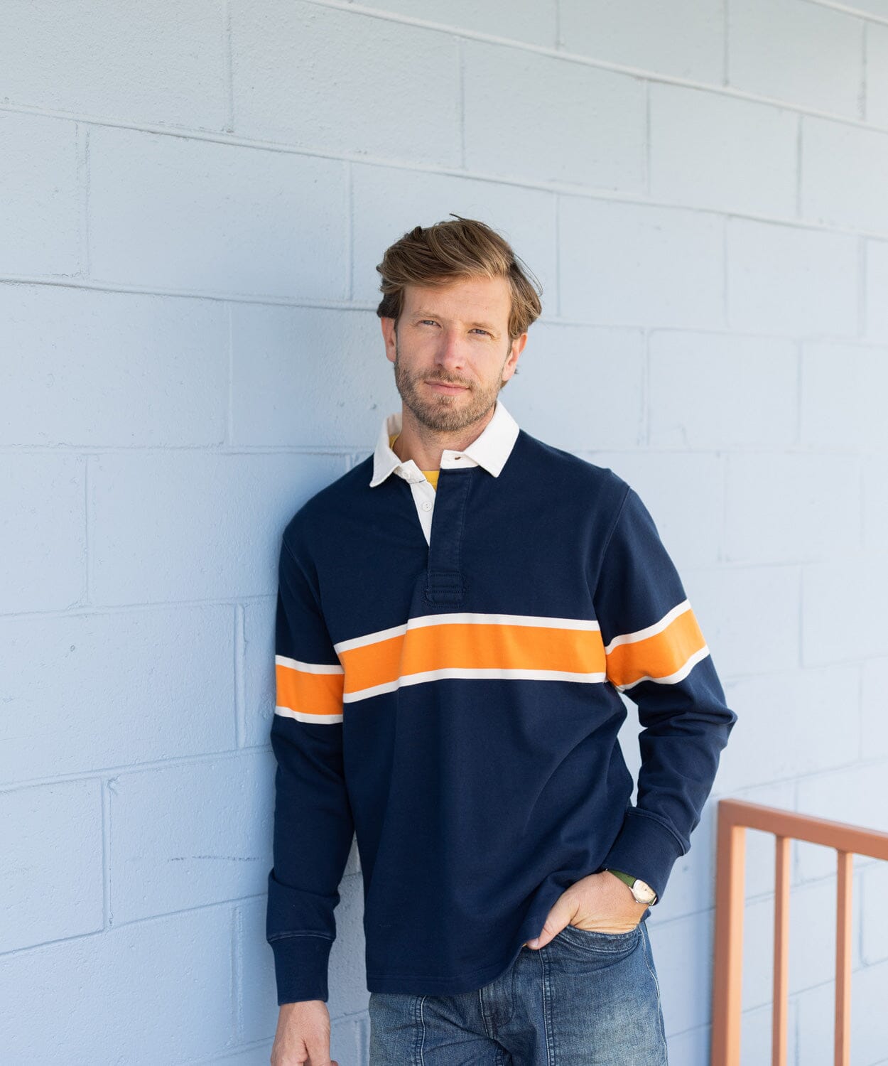 Dunbar Rugby in Navy colorway with White and Tangerine mid-chest stripe - OOBE BRAND
