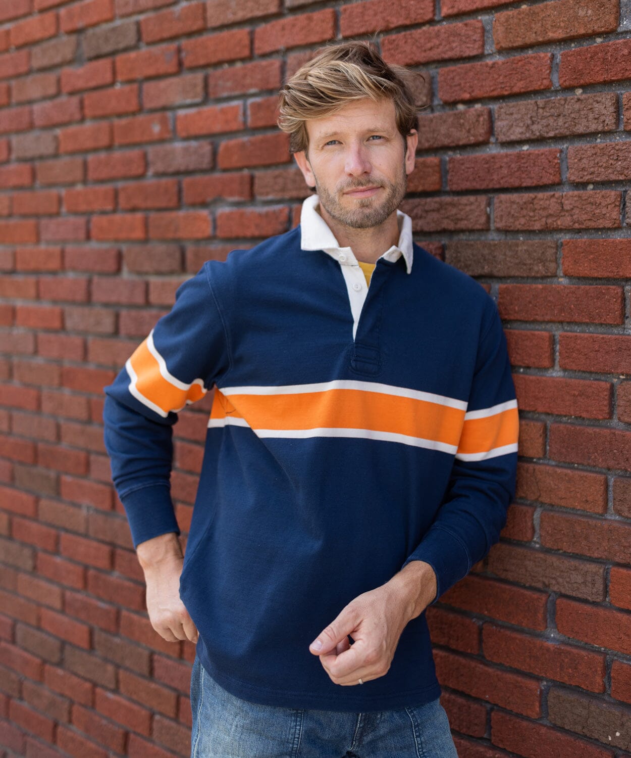 Dunbar Rugby in Navy colorway with White and Tangerine mid-chest stripe - OOBE BRAND