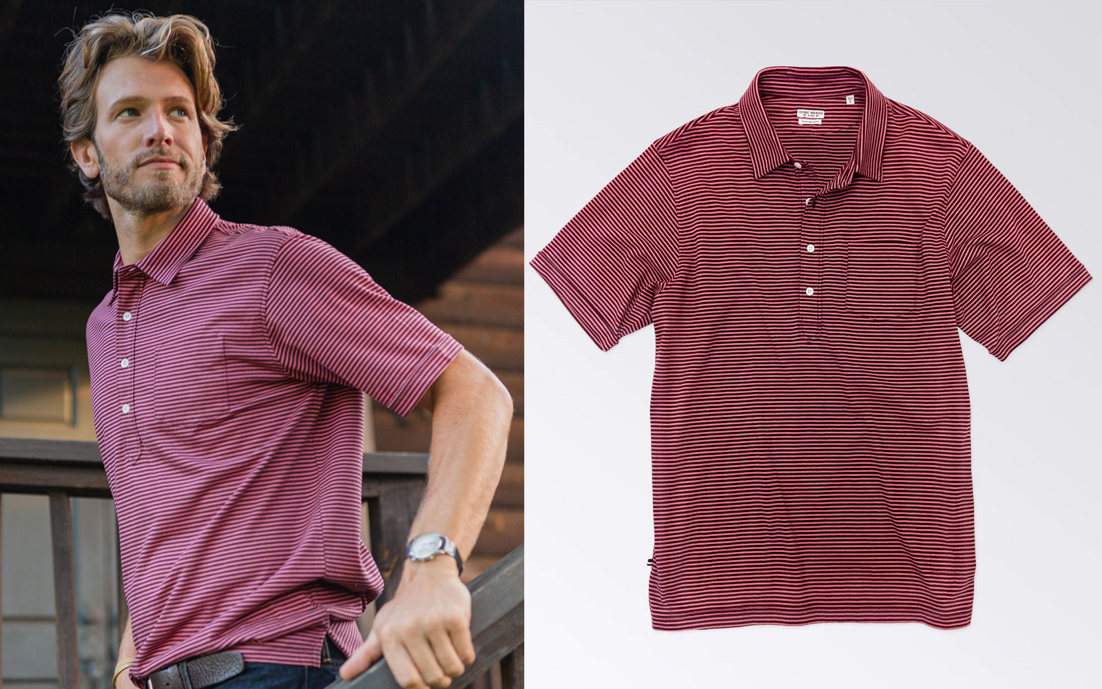 man wearing a red striped polo shirt by oobe brand