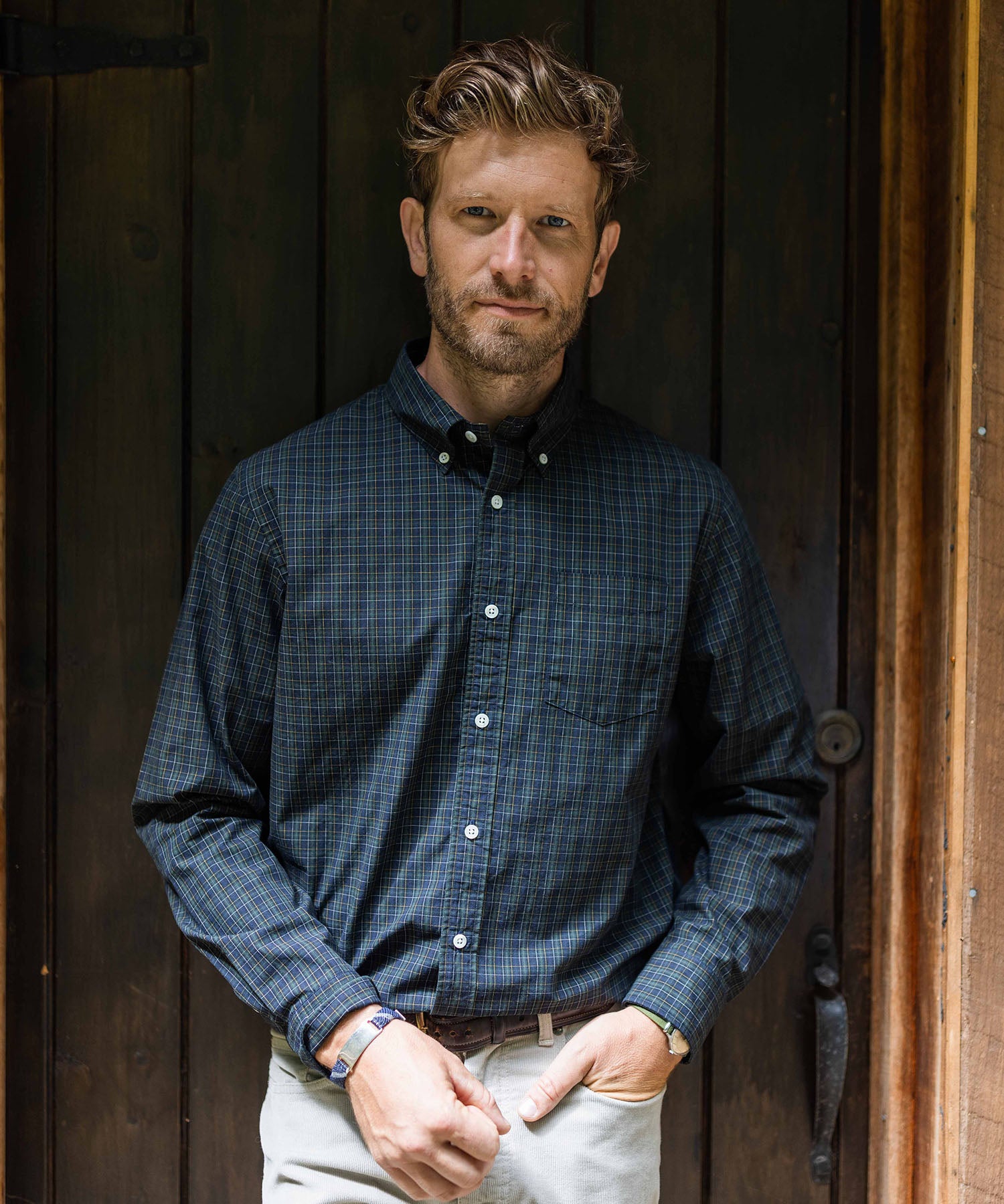 man wearing an oobe brand button down shirt