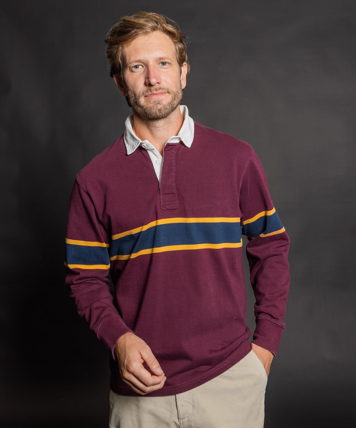 Dunbar Rugby in Wine colorway with Honey and Navy mid-chest stripe - OOBE BRAND