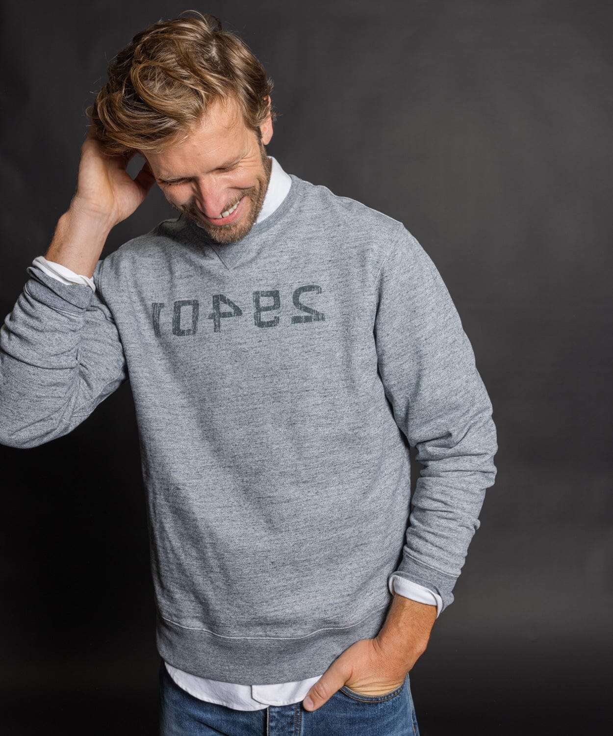 Grey crew pullover with 29401 Charleston zip code across chest - OOBE BRAND