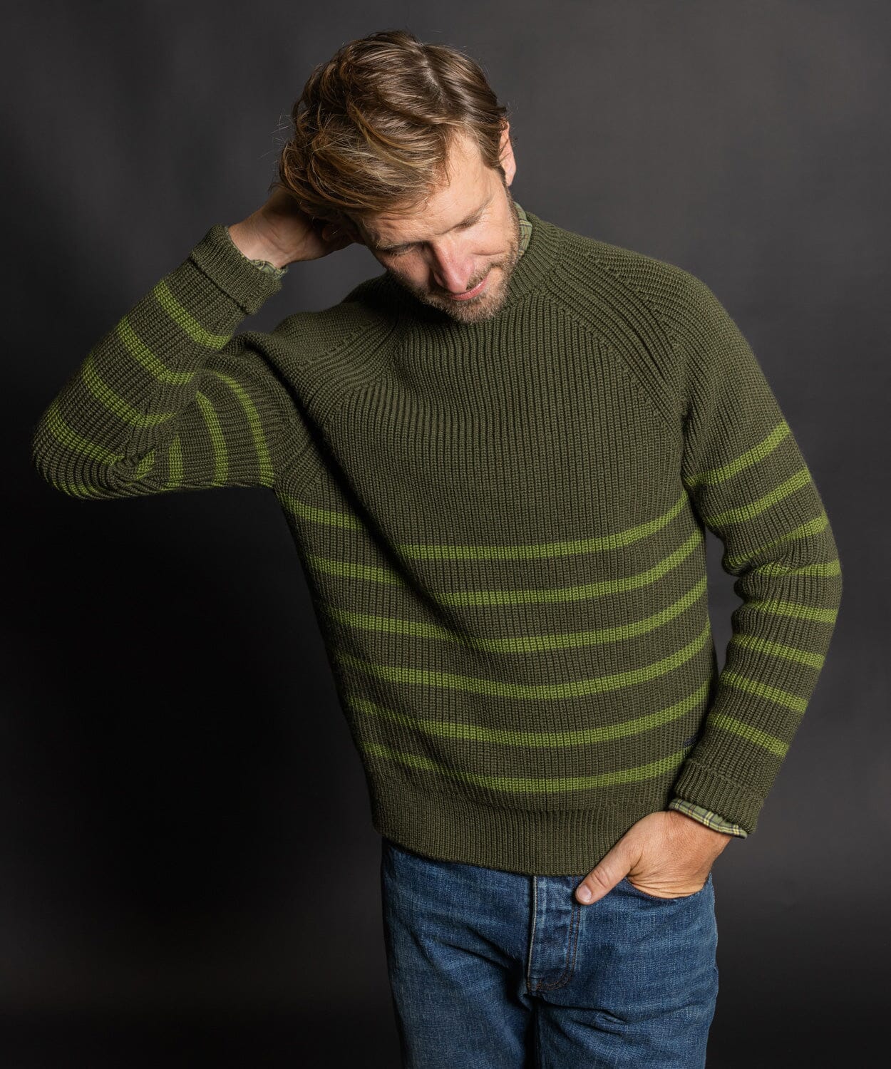 Military green sweater with lighter green stripe - OOBE BRAND