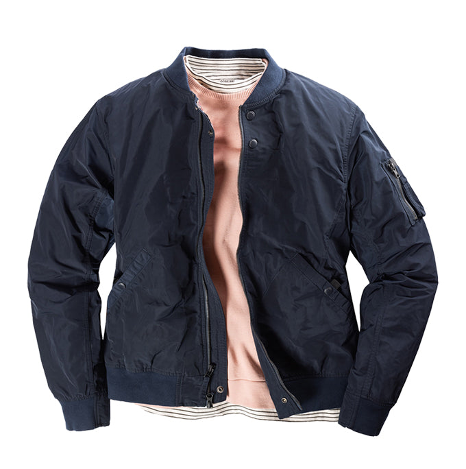 mens jacket layered over a sweatshirt by oobe brand