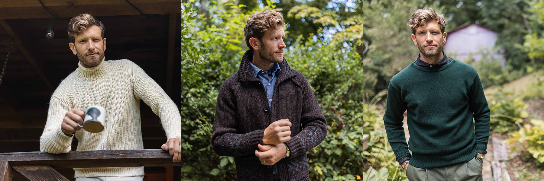 a man wearing 3 types of sweaters by oobe brand